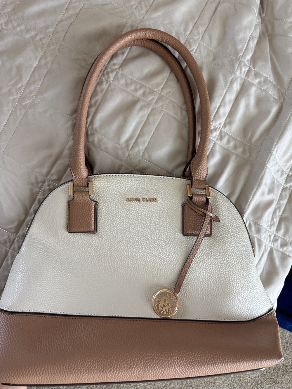 Anne Klein Cream and Tan Dome Satchel with Gold Hardware